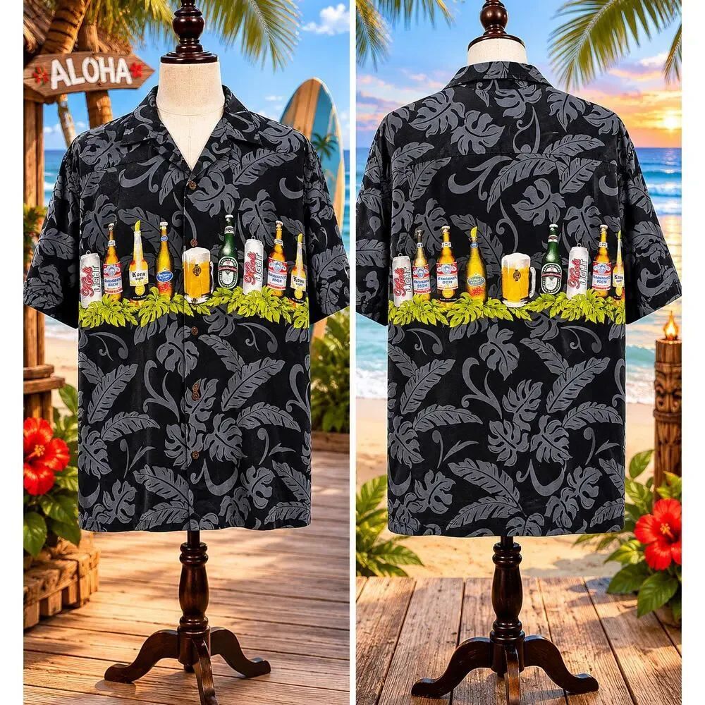 Vintage Aloha Republic Hawaiian Beer Button Up Shirt Made in Hawaii M